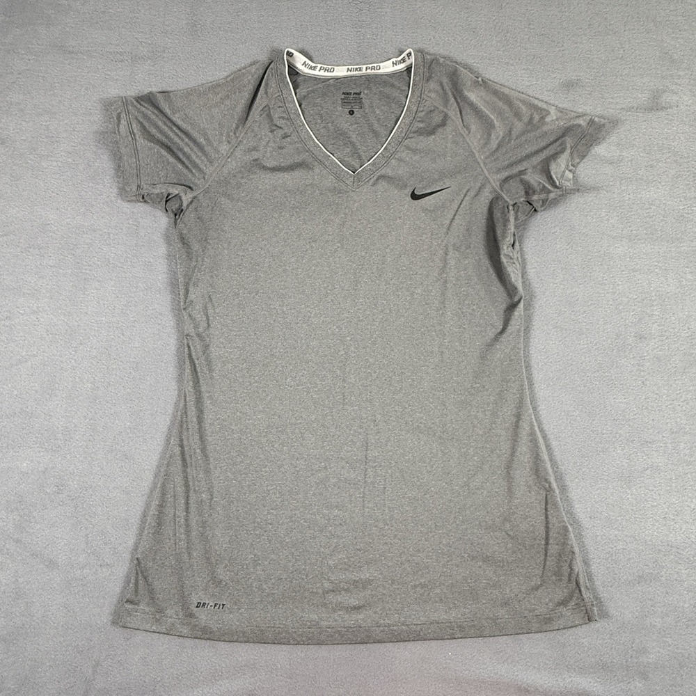 Nike Pro Shirt Womens Large Gray Dri-Fit  V-Neck II Fitness Short Sleeve  458663